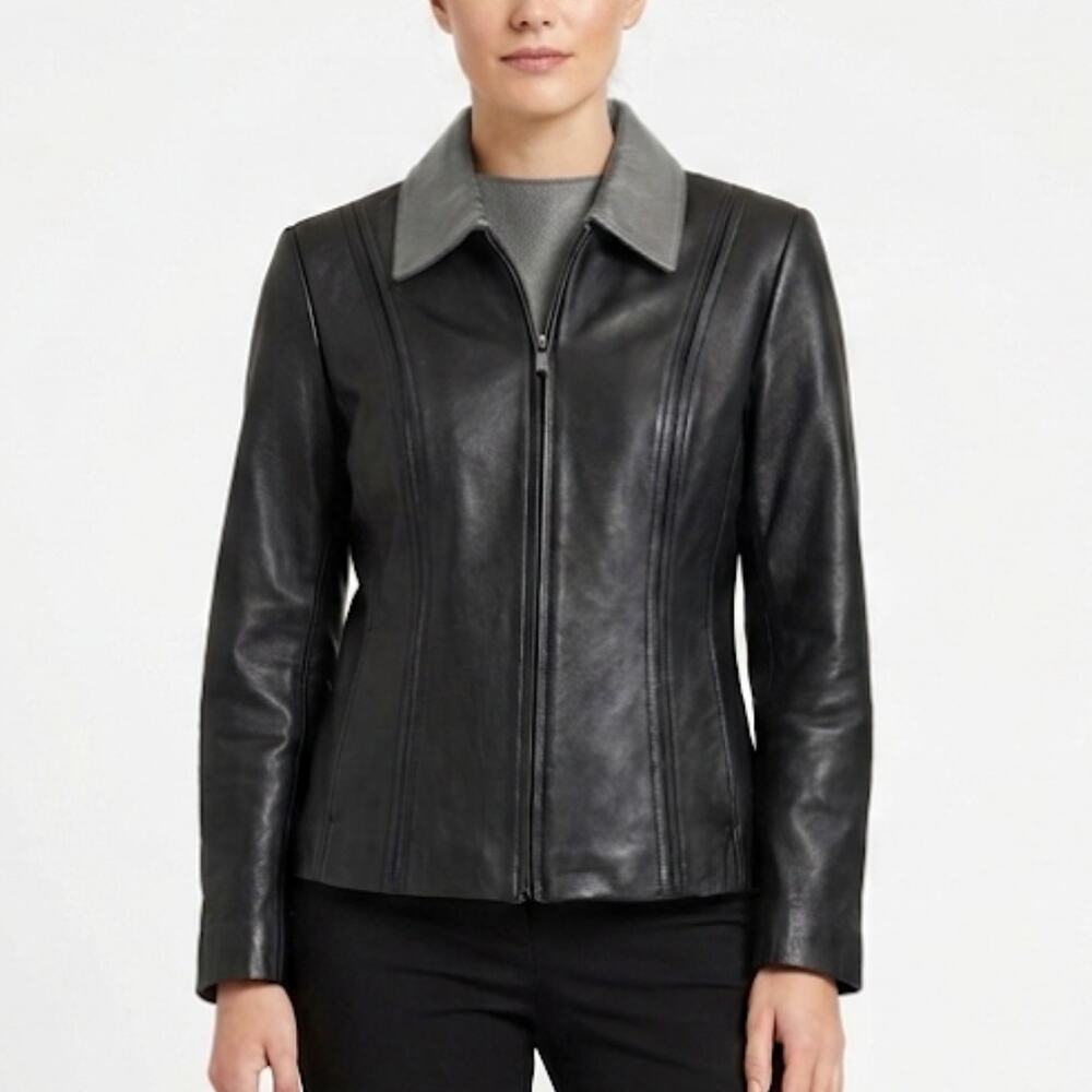 JONES WEAR Sport Womens Leather Jacket Black Full Zip Outdoor Biker Moto Size M